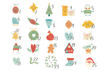 Hand drawn christmas kawaii advent calendar