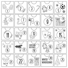 Hand drawn christmas outline advent calendar with animal characters