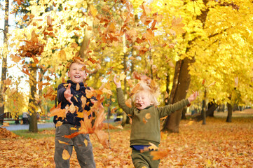 Two baby boys throw autumn leaves up and have fun