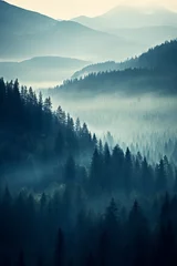 Runde Acrylglas-Bilder Wald im Nebel Mountain silhouettes in the fog