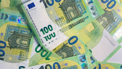 European currency. Cash banknotes. Financial business background concept. Euro money background. Single currency of the European Union. Banknotes of 100 euros.