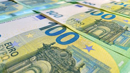 View of 100 euro banknotes. Cash banknotes. Financial business background concept. Background of...