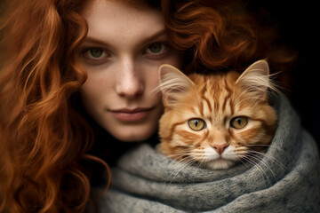Young red-haired woman with witchy look holding a beautiful red cat in a close-up portrait. 
