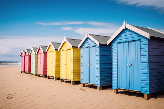Vibrant beach huts form a picturesque row, their backdrop adorned by a clear blue sky.