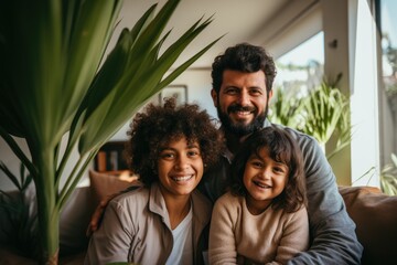 Portrait of diverse ethnic families inside their apartment - Happy - Created with generative ai Technology