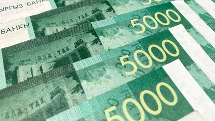 A close-up of 5000 som notes, the current money of Kyrgyzstan. Kyrgyz national currency. Cash banknotes.