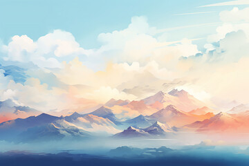 Obraz premium Digital painting of beautiful mountain range with clouds on sky, Generative AI