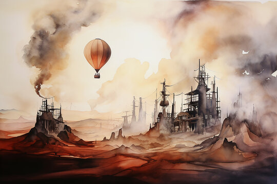 Watercolor painting of environment issues concept, air pollution in city, factory smoke on sky, Generative AI