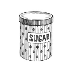 Vector hand-drawn illustration with metal container for sugar isolated on white. Sketch with kitchen canister jar for spices.