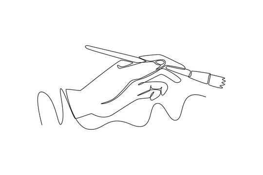 Continuous one line drawing of hands holding pens and pencils, writing letter on paper, taking notes in notebook, filling diary and signing business documents concept. Doodle vector illustration.