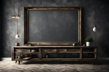 Creative interior concept. Dark large rustic grunge empty wall living room with blank television TV cabinet frame furniture deco. Banner template for product presentation. Mock up 3D rendering