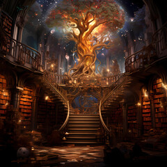 Tree of knowledge, Tree of Life, Ethereal Akashic records, spiraling staircase, transformation and mysticism, occult