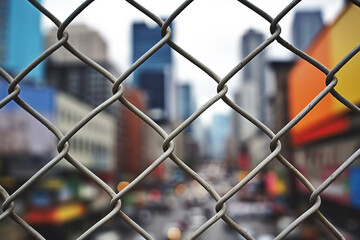 A city view seen through a chain-link fence.
