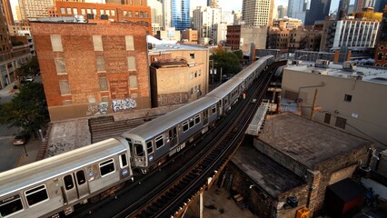 El Train over Chicago Drone Shot Chicago Ave Inbound Downtown