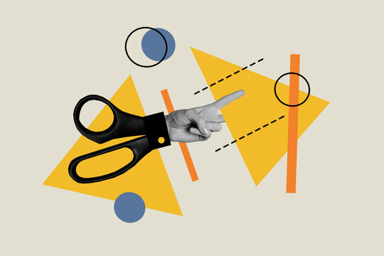 Composite abstract photo collage of scissors cutting pieces of paper make geometric figures isolated on creative colorful background