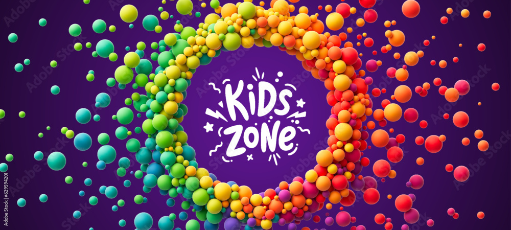 Poster circle banner with colorful rainbow balls in different sizes for kids theme or celebration. abstract