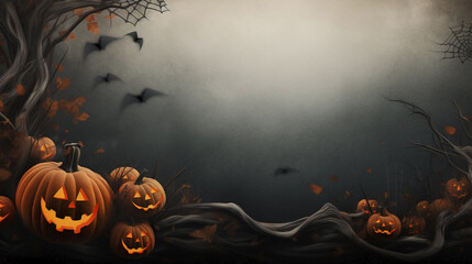 Scary smile pumpkin lanterns on a dark background with fog. Halloween border desing around a blank space.