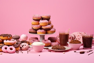 Table with various cookies, donuts, cakes, cheesecakes and coffee cups on pink background, with space for text