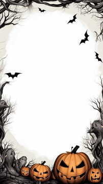 Pumpkins in an enchanted forest with tree branches and bats flying around. A rectangle with a halloween style border.