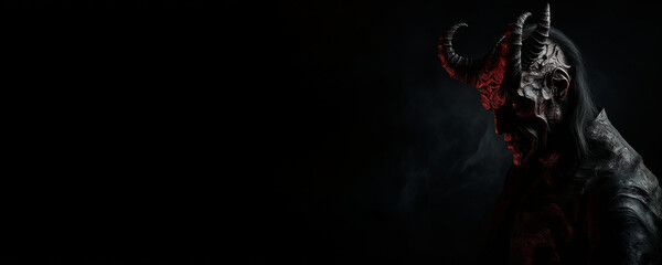 Portrait banner of the demonic being satan the devil on black background. Generative AI illustration