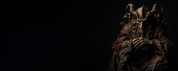 Fototapeta premium Portrait banner of the demonic being satan the devil on black background. Generative AI illustration