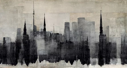 Wall murals Watercolor painting skyscraper Generative AI, Black watercolor abstract cityscape painted background. Ink black street graffiti art on a textured paper vintage background, washes and brush strokes..