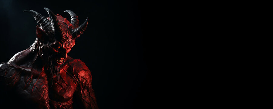 Portrait banner of the demonic being satan the devil on black background. Generative AI illustration