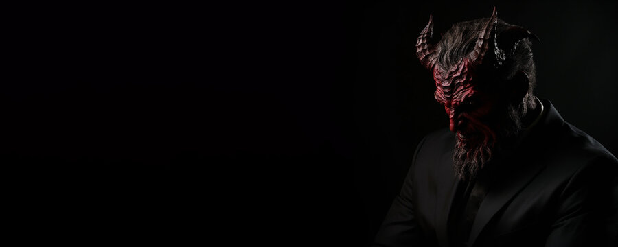 Portrait banner of the demonic being satan the devil on black background. Generative AI illustration