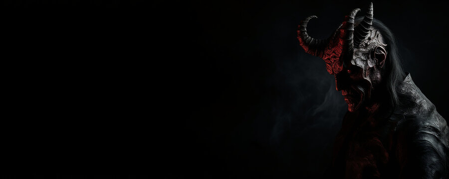 Portrait banner of the demonic being satan the devil on black background. Generative AI illustration
