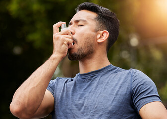 Man, breathe or asthma pump outdoor in park for help with health risk, cough treatment and air for...