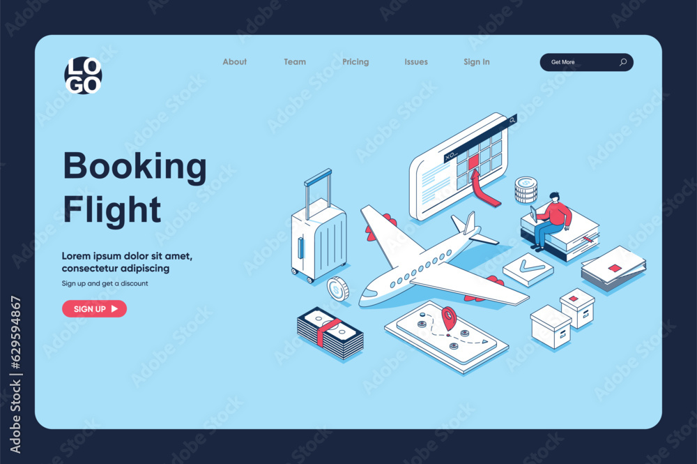 Leinwandbilder booking flight concept in 3d isometric design for landing page template. people choosing travel dest