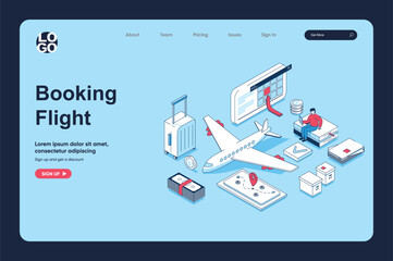 Booking flight concept in 3d isometric design for landing page template. People choosing travel destination by plane, creating route, ordering and buying tickets in app. Vector illustration for web