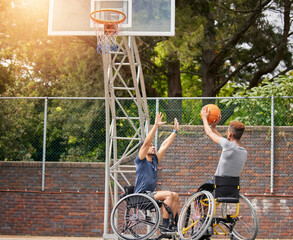 Sports, wheelchair basketball shot and people practice target, goal or hoop shooting in match...