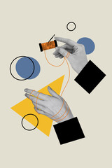 Vertical composite artwork illustration abstract photo collage of hands hold skein of thread...