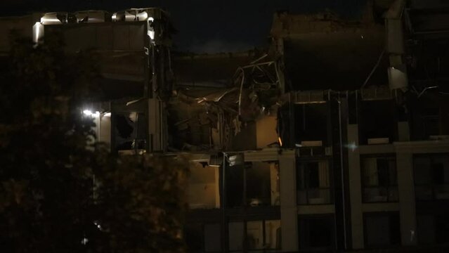In Dnipro, Russian missiles hit a multi-storey residential building and a building. Scars of war. The atrocity of the Russian army. House of civilians in Ukraine.