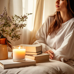 Fototapeta na wymiar Beautiful young woman with long hair dressed in white relaxing in her home bedroom with burning candles, flowers and books, cozy home decor in natural colors. Candle jar mockup