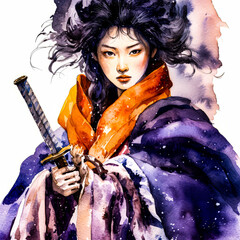 a watercolor painting of a woman wearing purple color hanfu  holding a sword