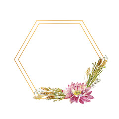 A polygonal frame with flowers of water lilies and wild forest grasses. Watercolor illustration on a white background