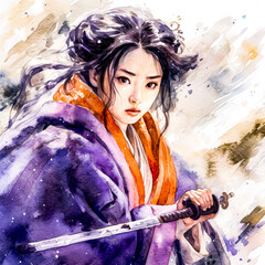 a watercolor painting of a woman wearing purple color hanfu  holding a sword