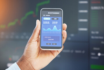Hand, phone screen or businessman trading on stock market, fintech app or cryptocurrency website. Ux homepage, data analysis closeup or financial trader checking online for savings investment growth