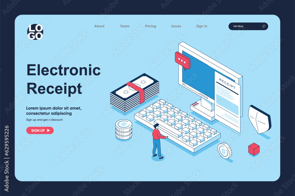 Aufkleber electronic receipt concept in 3d isometric design for landing page template. people paying digital f