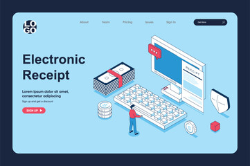 Electronic receipt concept in 3d isometric design for landing page template. People paying digital form of invoice or check, processing tax pay using online banking. Vector illustration for web