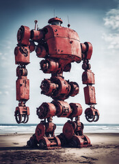 immagine di vecchio e rugginoso robot meccanico gigante abbandonato su un spiaggia, cielo sereno e luminoso, mare calmo, vista dal basso