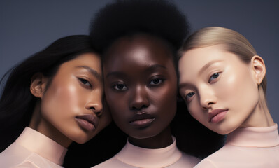 Fototapeta premium Three young women posing for the camera in a skincare advertising campaign. Generative AI.