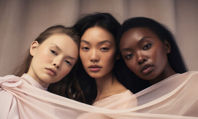 Three young women posing for the camera in a skincare advertising campaign. Generative AI.