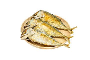  three fried   mackerel in circle wood plate on a white background ,isolated