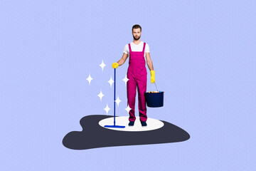 Full body collage picture of professional housekeeper cleaning guy wear pink uniform hold bucket...