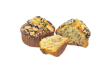  banana cupcakes  topped with cereal  on white background close up,isolated