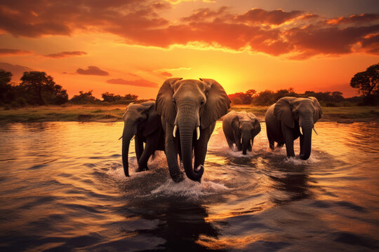 Elephant herd crossing river at sunset