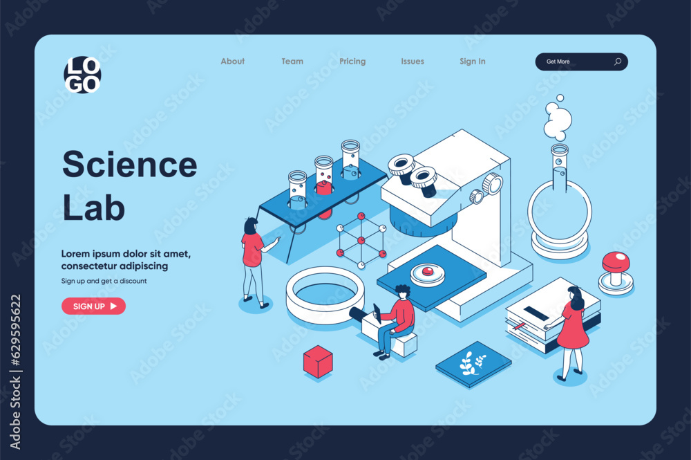 Aufkleber Science laboratory concept in 3d isometric design for landing page template. People making researches on microscope, doing chemicals tests in flasks and tubes in lab. Vector illustration for web